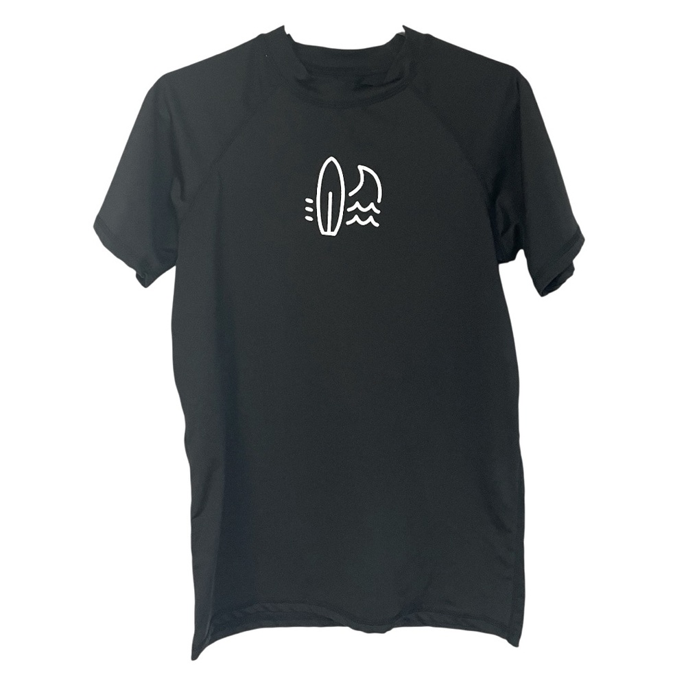 Besser Bay Boys XL Black Rash Guard Swim Shirt White Surfboard & Wave Design